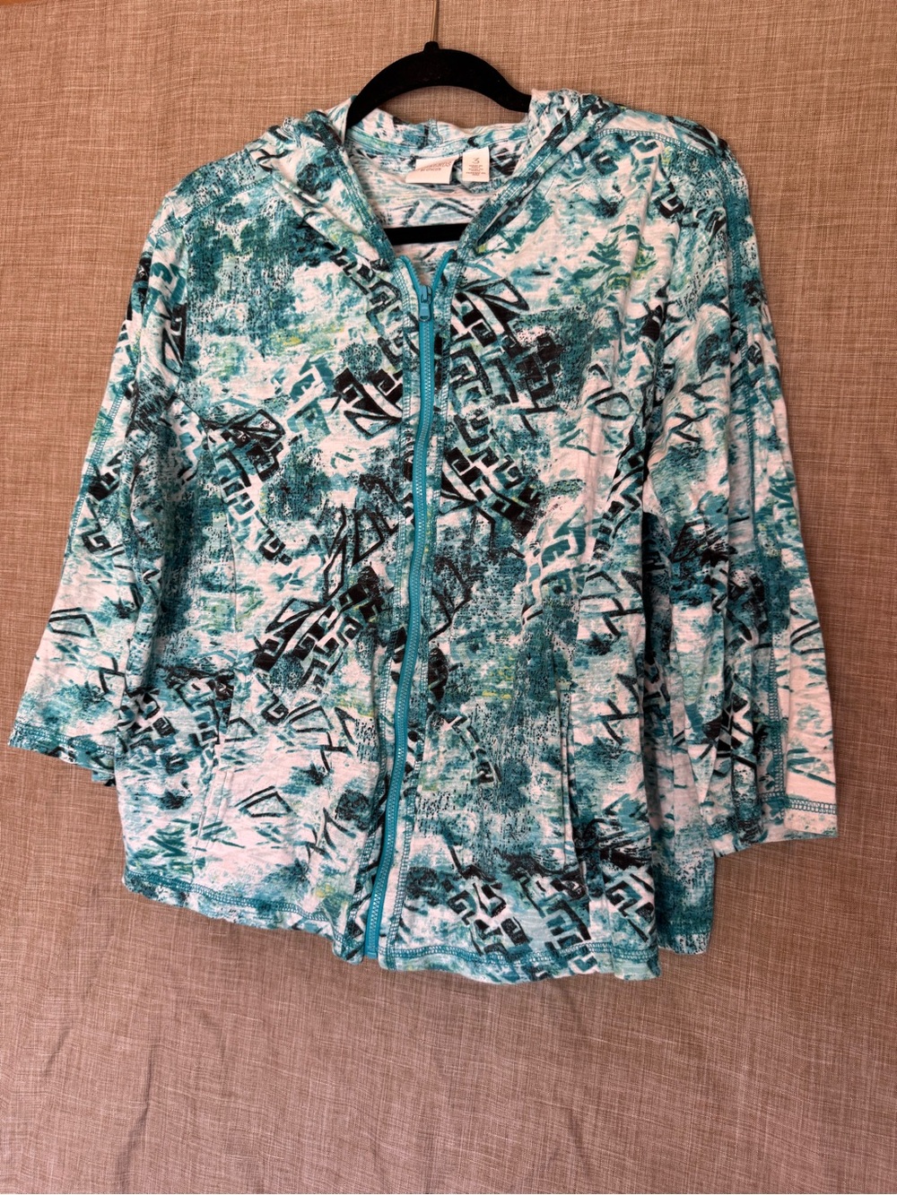 Weekends by Chicos Abstract Teal Zip Hoodie size 3